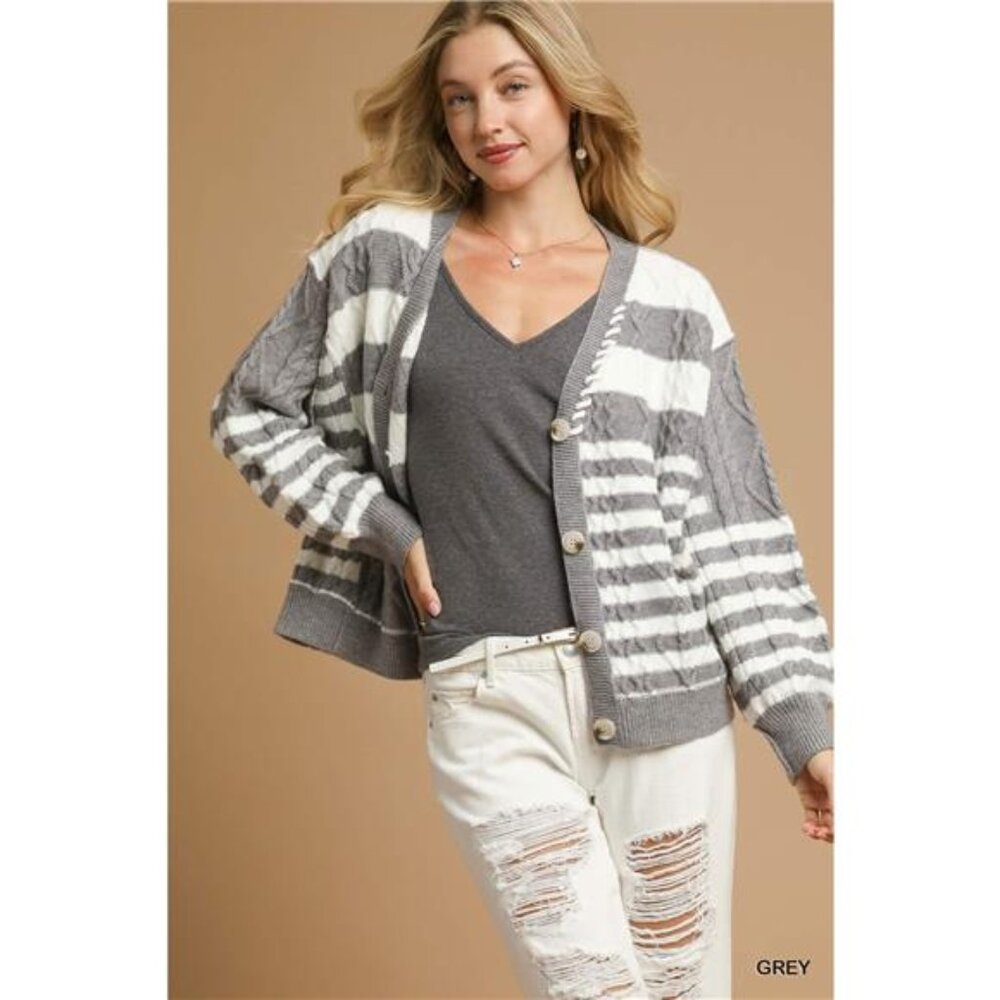 Umgee Cable-Knit Stripe Button-Up Cardigan‎